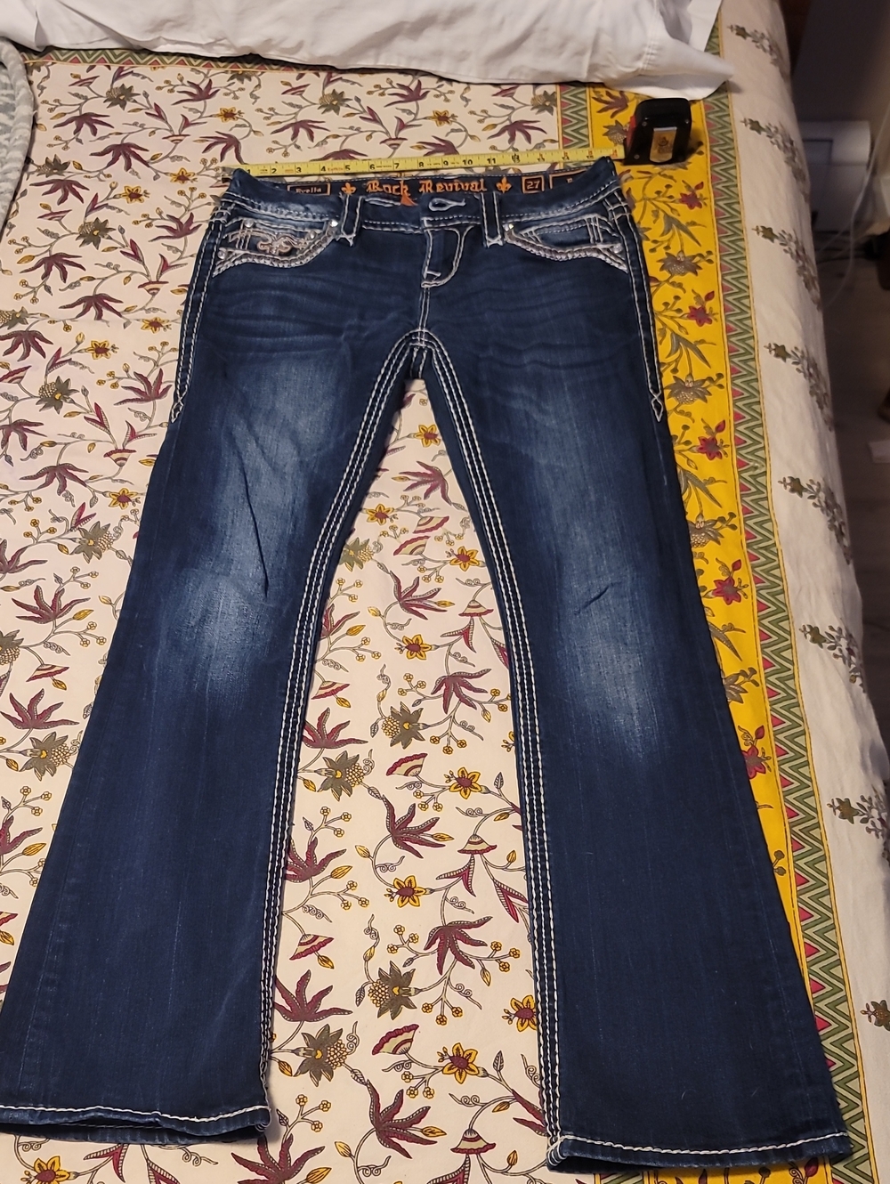 Rock Revival Sz 27 Dark Blue Flare Jeans with White Stitching - Picture 2 of 15